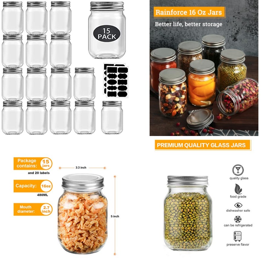 Meal Prep Bulking - 16 oz Mason Jars With Lids